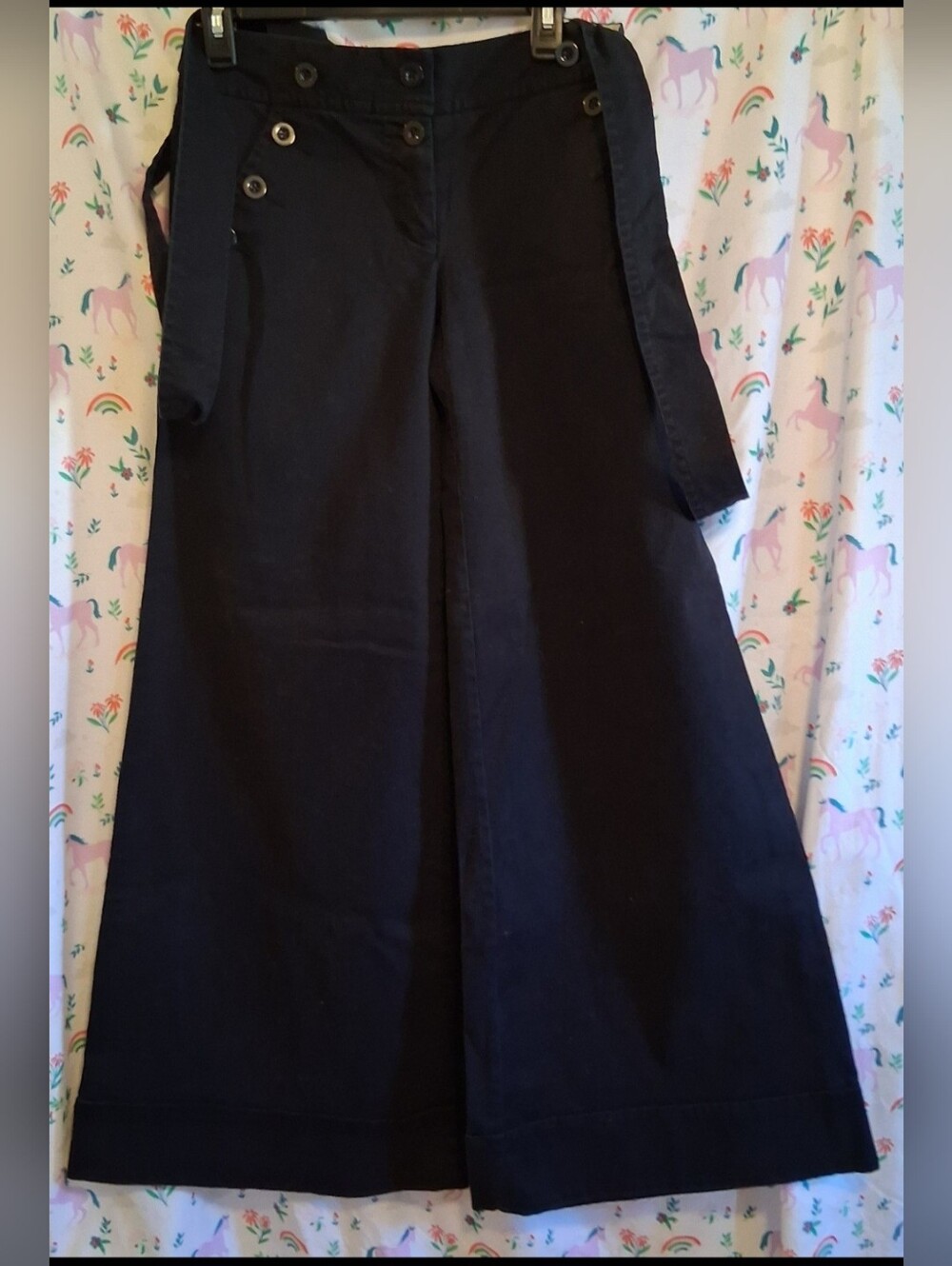NWOT Anthropologie Elevenses Black Ribbed Extra Wide Flare Suspender Pant SZ 2